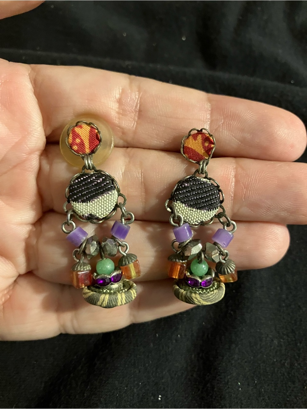 Ayala Bar Vintage Textile Mixed Media Beaded Boho Drop Earrings